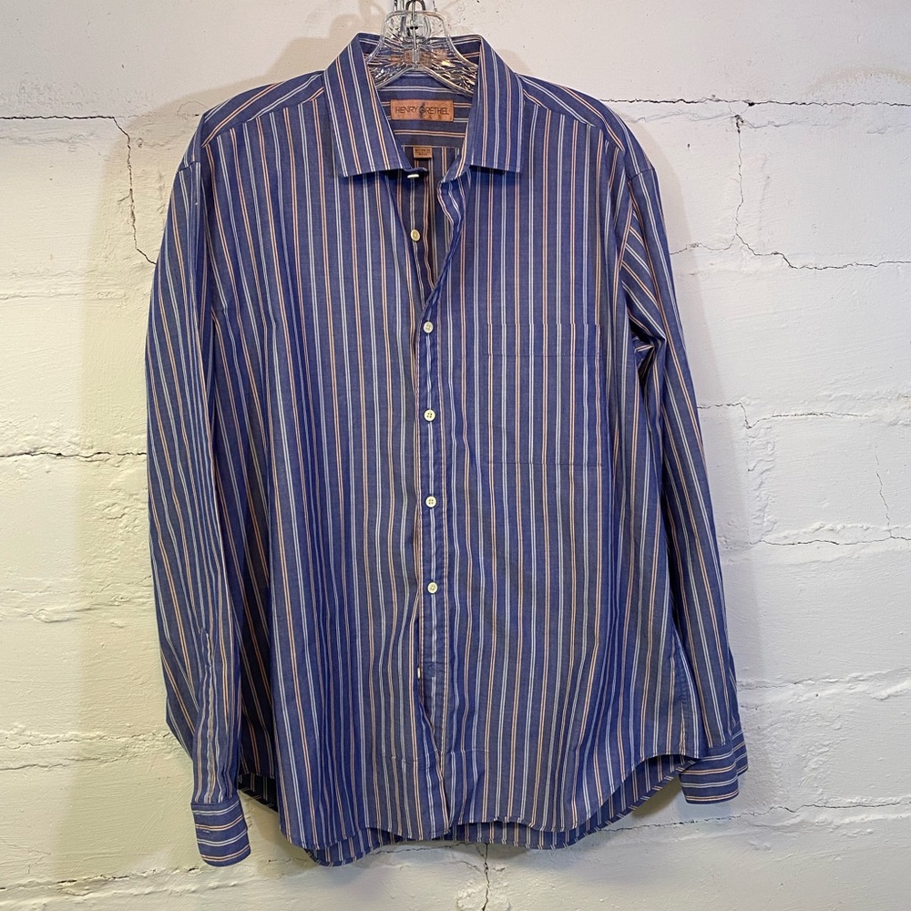 Henry Grethel Mens Blue Pinstripe Dress Shirt  Regular Fit 161/2  34/35